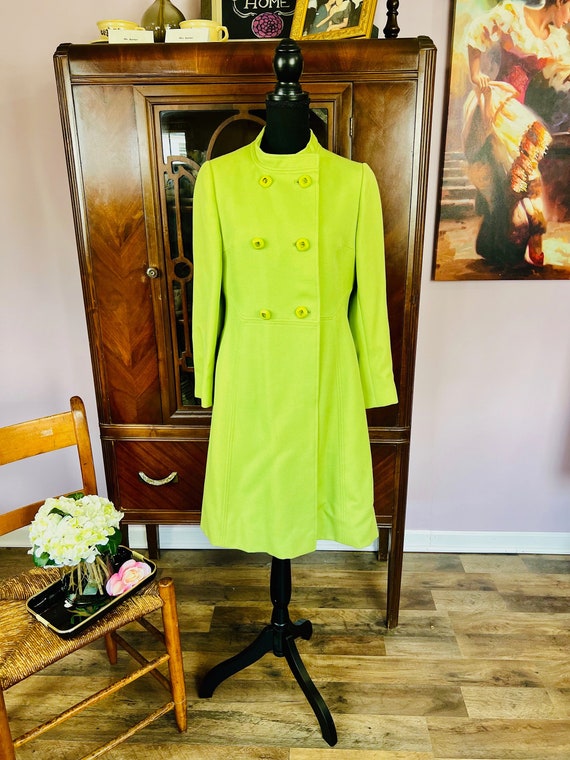 Vintage 60s 1960s Lime Green Long Dress Coat Exce… - image 1