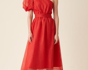 Nancy Bracoloni For Shangri La Vintage 1980s Cocktail Dress Red Sheer Stripe