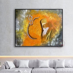 Guru Nanak Abstract Art: Gold & Silver Sikh Painting on Canvas