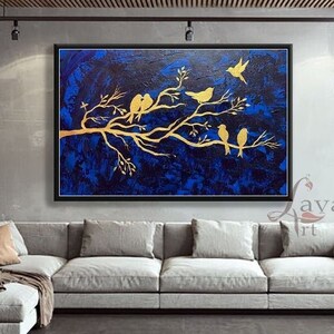 Original Blue Gold Abstract Painting: Textured Acrylic Canvas Art