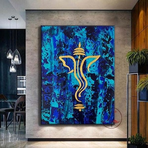Abstract Ganesha Painting: Blue & Gold Indian Wall Art