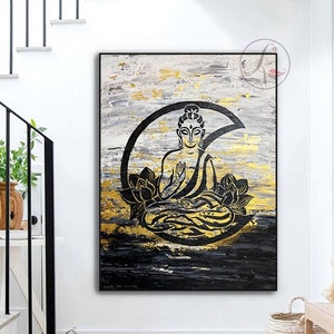 Original Buddha Canvas Painting: Silver Leaf Meditation Art