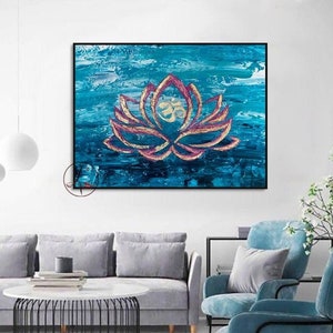 Gold Leaf Om Lotus Painting: Abstract Indian Art on Canvas