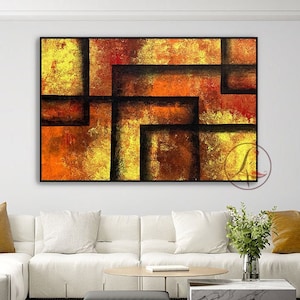 Large Mustard Yellow Abstract Painting: Mid Century Modern Art