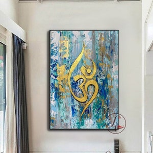 Handmade Golden Om Painting: Abstract Indian Wall Art