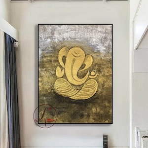Textured Gold & Silver Ganesha Painting: Abstract Indian Art
