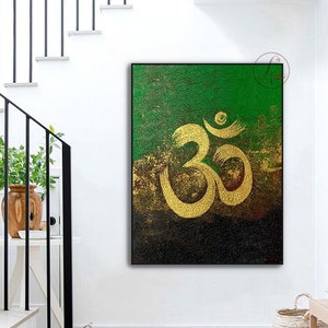 Golden Om Painting: Abstract Indian Art on Canvas
