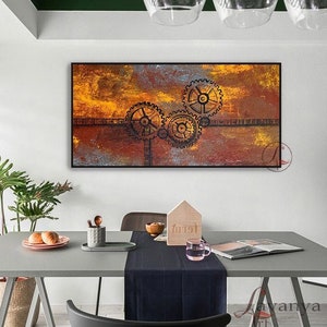 Industrial Gears Acrylic Painting: Gold & Silver Leaf Art