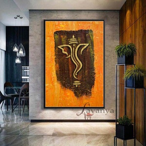 Textured Ganesh Oil Painting on Canvas: Abstract Indian Art