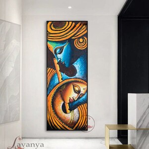 Radha Krishna Painting: Contemporary Indian Hindu God Art on Canvas