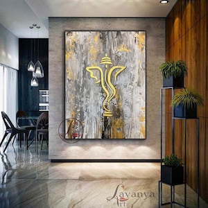Abstract Golden Ganesha Painting: Modern Indian Art, Textured Acrylic