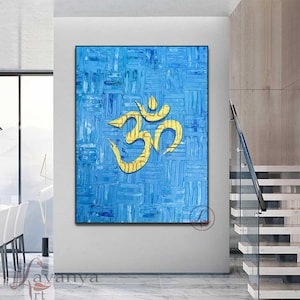 Golden Om Painting: Blue Abstract Indian Wall Art, Modern Minimalist