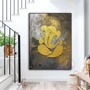 Pintura de Ganesha, arte de parede indiana minimalista, arte de parede em tela acrílica original, decoração grande para entrada, decoração de Ganesh Hindu Ganpati pintada à mão