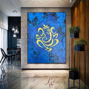 Abstract Lord Ganesha Painting: Blue & Gold Hindu Wall Art