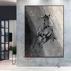 Abstract Horse Painting: Black and White Acrylic on Canvas