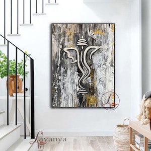 Modern Abstract Ganesha Painting: Silver Leaf Indian Art, Entryway Decor