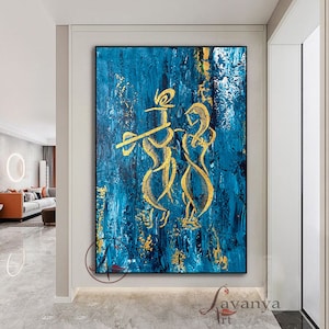 Radha Krishna Abstract Painting: Modern Hindu God Art on Canvas