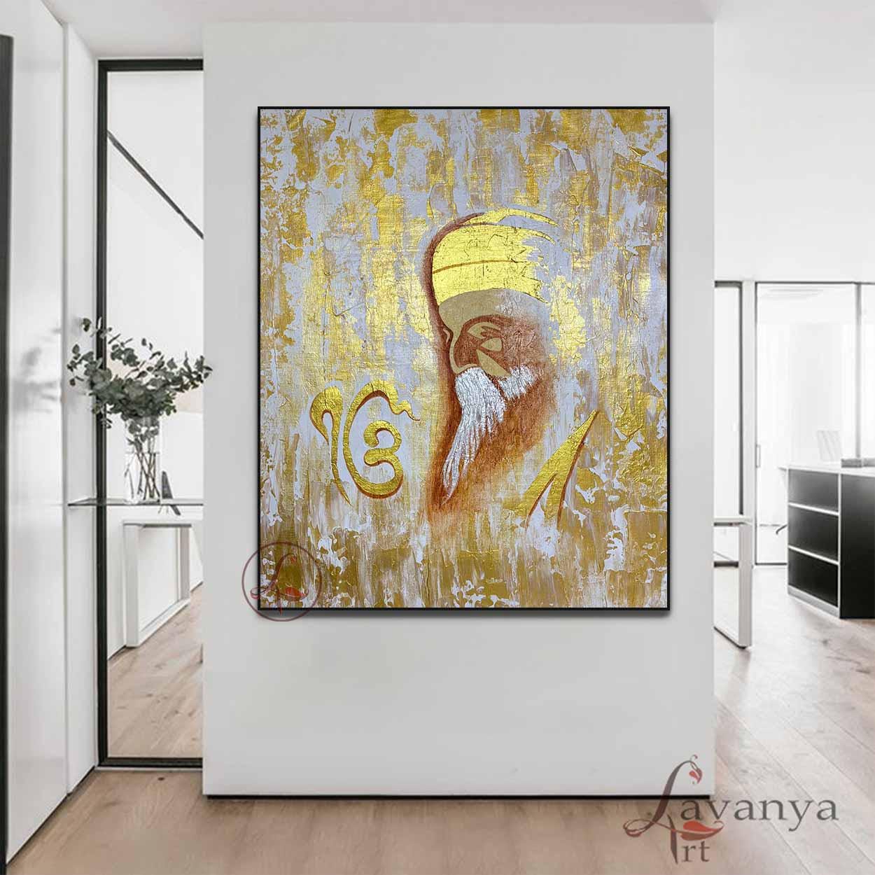 豪華なグル・ナナク・デヴ・ジの絵画、ゴールド、ホワイト・シーク