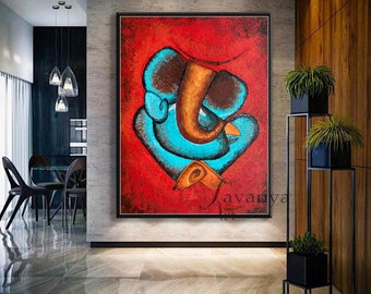 Ganesha painting on canvas original acrylic painting, extra large abstract art, hand-painted Ganesh wall art,Statue of Hindu Ganesha,Tejasvi