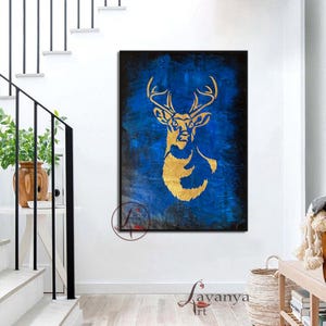 Large Abstract Deer Acrylic Painting: Gold Leaf Canvas Wall Art