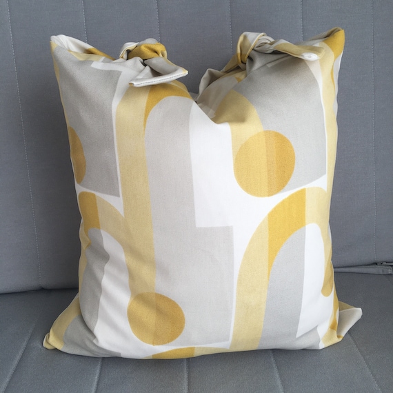 Yellow & Grey Handmade Bow-Top Cushion, John Lewis 'Arcade' Fabric with a Duck Down Insert