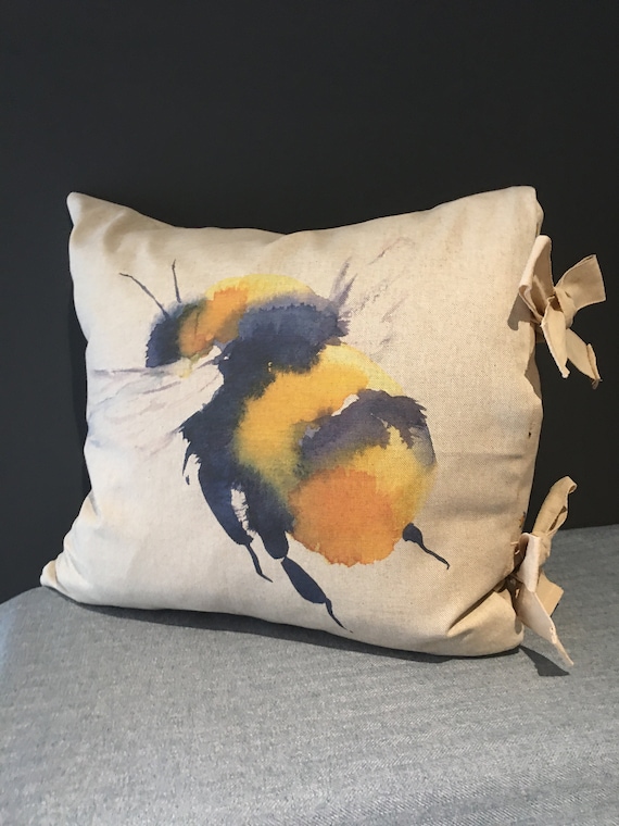 Reversible Bumblebee Bee Cushion with Linen Ties, Large Bee on One Side and Small Bees on the Other, with Duck Down Inner