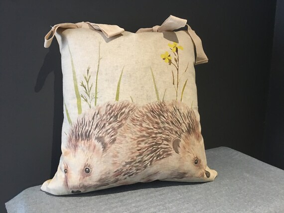 Hedgehog Cushion with Yellow Back and Linen Ties, Complete with Duck Down Feather Insert