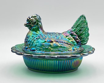 Mosser Glass 6 1/2" Hunter Green Carnival Hen on Nest 6.5" Split Tail Marked Mosser
