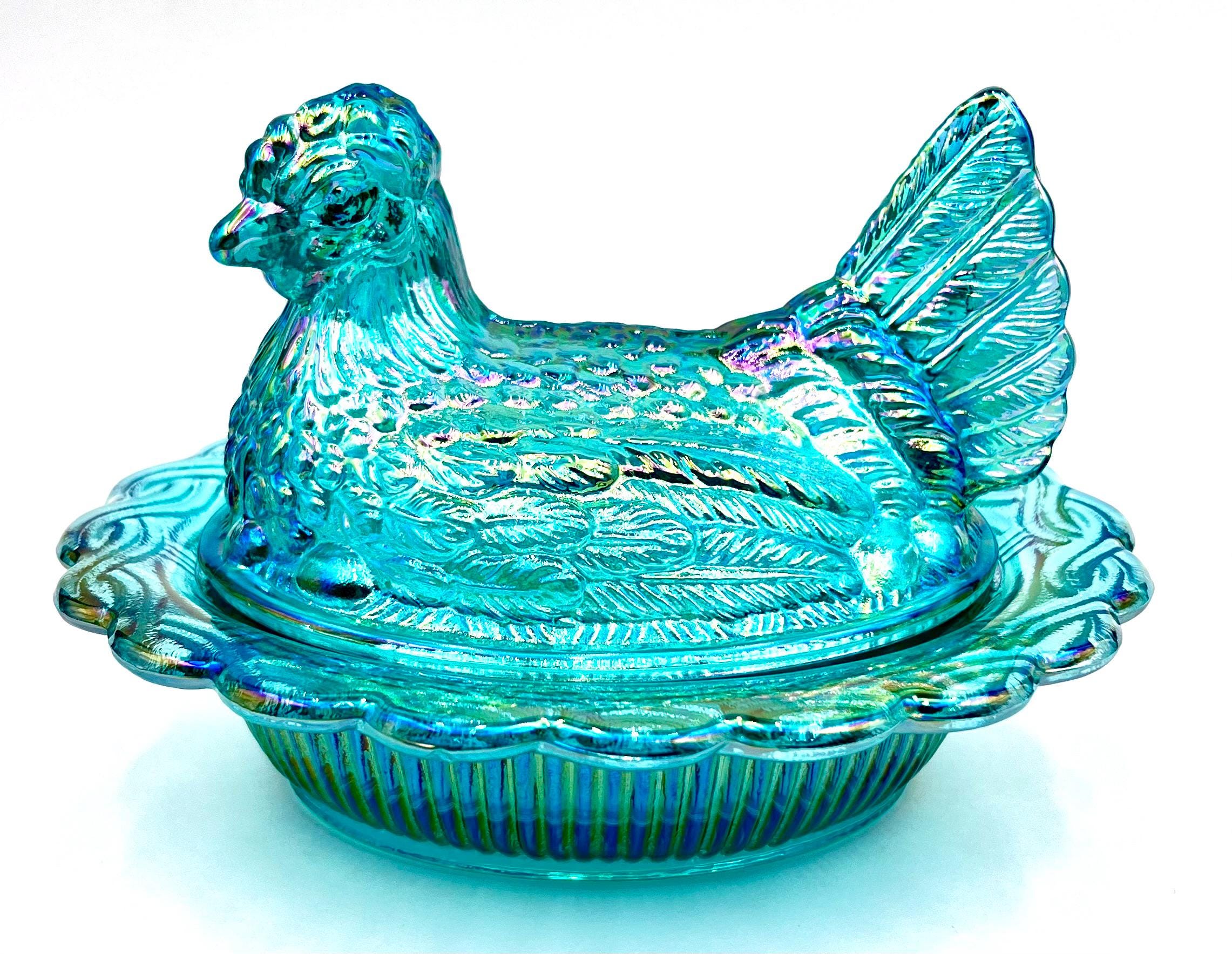Mosser Glass Teal Carnival Hen on Nest, Split Tail, 6 1/2