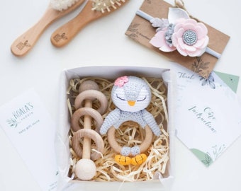 Baby's first Christmas gift box, Penguin rattle, 1st New year baby gift set, Christmas pregnancy gift idea, Christmas newborn present basket