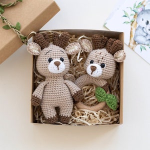 CROCHET ANIMAL TOYS as deer baby shower or baby announcement gift, stuffed woodland animals, amigurumi baby toy, crochet baby deer rattle