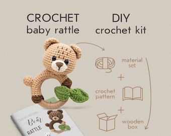 DIY crochet baby rattle kit, diy crochet toy, bear rattle crochet pattern, diy craft kit with baby bear rattle pattern, amigurumi rattle toy