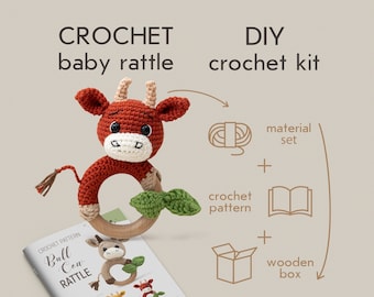 DIY crochet baby rattle kit, diy crochet toy, bull rattle crochet pattern, diy craft kit with baby bull rattle pattern, amigurumi rattle toy