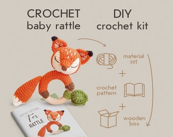 Kit de hochet au crochet DIY, modèle au crochet de hochet de renard, kit amigurumi cadeau fait main, kit de crochet pour débutant de projets de bricolage, modèle au crochet facile