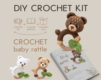 DIY crochet baby rattle kit. Diy crochet toy, bear rattle crochet pattern. Diy craft kit with baby bear rattle pattern, amigurumi rattle toy