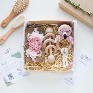 Flamingo welcome baby girl gift set with flamingo baby rattle on a wooden ring, Flamingo baby girl shower gift for pregnant daugther image 1