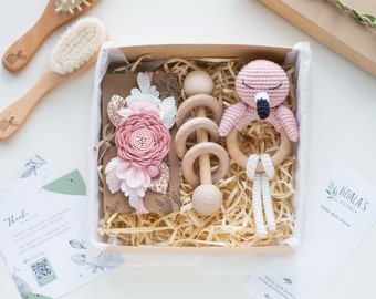 Flamingo welcome baby girl gift set with flamingo baby rattle on a wooden ring, Flamingo baby girl shower gift for pregnant daugther