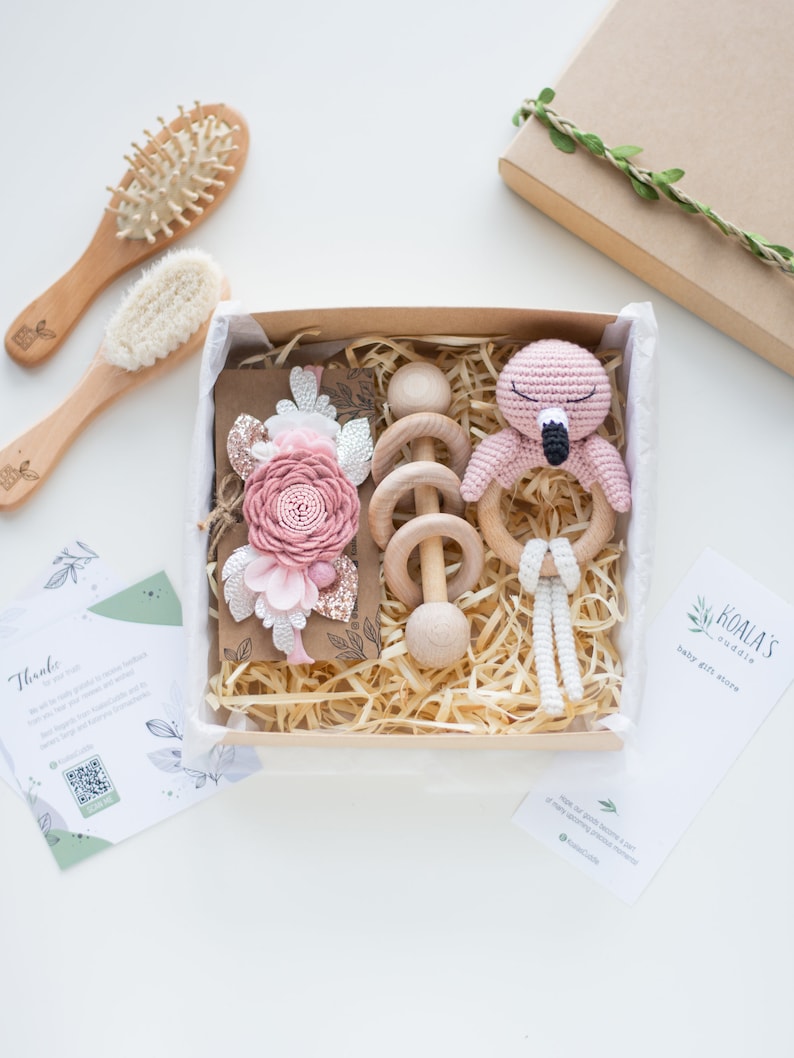 Flamingo welcome baby girl gift set with flamingo baby rattle on a wooden ring, Flamingo baby girl shower gift for pregnant daugther image 1