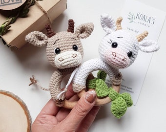 Personalized gift, Bull and cow crochet cotton rattle as the 1st Christmas gift idea for baby announcement, Symbol of the New Year 2021