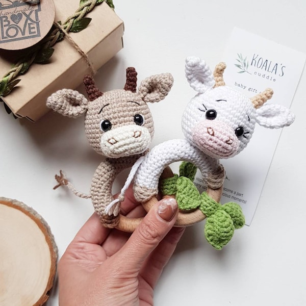 Personalized gift, Bull and cow crochet cotton rattle as the 1st Christmas gift idea for baby announcement, Symbol of the New Year 2021