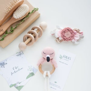 Flamingo welcome baby girl gift set with flamingo baby rattle on a wooden ring, Flamingo baby girl shower gift for pregnant daugther image 2