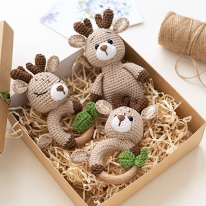 CROCHET ANIMAL TOYS as deer baby shower or baby announcement gift, stuffed woodland animals, amigurumi baby toy, crochet baby deer rattle image 2