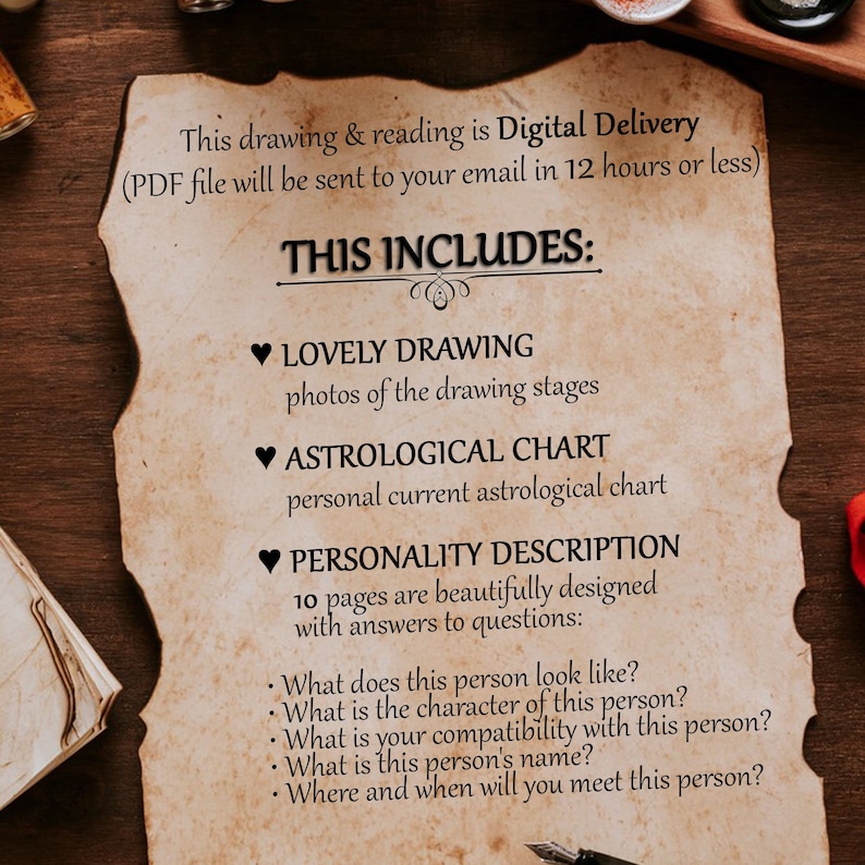 May include: A digital drawing and reading service is offered. This includes a drawing, astrological chart, and a 10-page personality description with answers to questions about the person's appearance, character, compatibility, name, and when you will meet them.