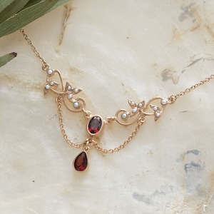 Art Nouveau necklace garnet and half pearls, Art Nouveau necklace rose gold, antique Art Nouveau necklace, vintage, bridal jewelry, unique, floral