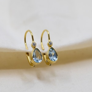 585 gold earrings diamonds, earrings birthstones, ear hooks 14 carat blue topaz, earrings yellow gold, bridal jewelry, diamond jewelry