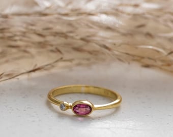 Delicate Gold Ring with Diamond, 585 Yellow Gold Ring, Diamond Ring, Real Gold Ring, Engagement Ring, Stacking Ring, Pink Tourmaline, Goldsmith