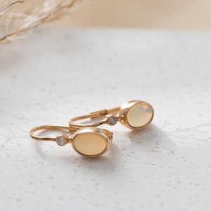Gold earrings 585 with opal, ear hooks 585 gold with diamonds, earrings yellow gold with diamonds, bridal jewelry, Art Nouveau