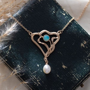 Exceptional Art Nouveau necklace, opal necklace, genuine freshwater pearl, Art Nouveau necklace 925 silver, rose gold plated, antique jewelry