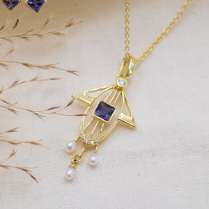 Exceptional Art Nouveau chain, Art Nouveau Chain 585 yellow gold with iolite, 14 carat, Art Nouveau pendant with diamonds, pearls, vintage