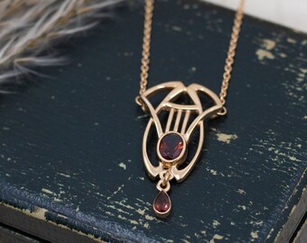 Art Nouveau necklace with garnet, Art Nouveau necklace 925 silver rose gold plated, extraordinary Art Nouveau necklace, vintage necklace garnet
